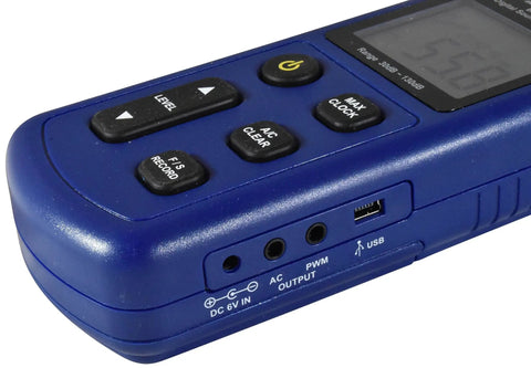 Pro Grade Decibel Meter With 30 To 130 dBA Sound Level Range showing buttons and ports, blue handheld reader.