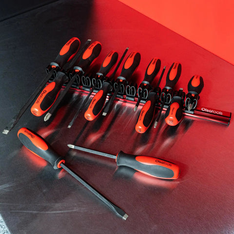 Magnetic Screwdriver Organizer with Ultra Strong Neodymium Magnets and Foam Backing Holds Up to 16 Screwdrivers in red