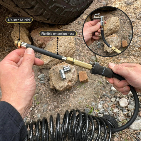 Flexible extension hose attached to a Heavy Duty Portable Air Compressor Tire Inflator Kit for quick tire fill.