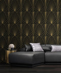 Living room with Removable Peel And Stick Black And Gold Geometric Wallpaper For Walls And Interiors Boss Level Luxury Gold Stripe