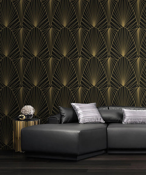 Living room with Removable Peel And Stick Black And Gold Geometric Wallpaper For Walls And Interiors Boss Level Luxury Gold Stripe