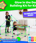Two kids building with Glow In The Dark Fort Building Kit For Kids 81 Pack With 53 Rods And 28 Spheres STEM Construction Toys