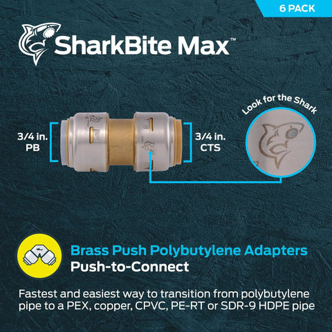 Three Quarters Inch Polybutylene Transition Coupling Pack Of Six Push To Connect Brass Plumbing Fitting For PEX Copper CPVC PE RT SDR 9 HDPE With Easy Install No Soldering Glue Or Extra Tools Required