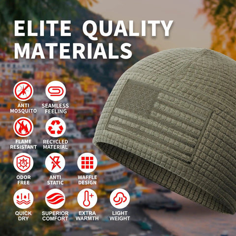 Grid Fleece Beanie With American Flag Embroidery For Outdoorsy Folks, waffle tactical skull cap in army olive with icons of features
