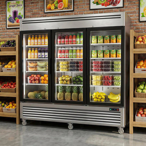 Top Shelf Heavy Duty Commercial Reach In Refrigerator With Three Glass Doors And Seventy Two Cubic Feet Of Stainless Steel Upright Merchandiser featuring vibrant beverages and fresh produce.