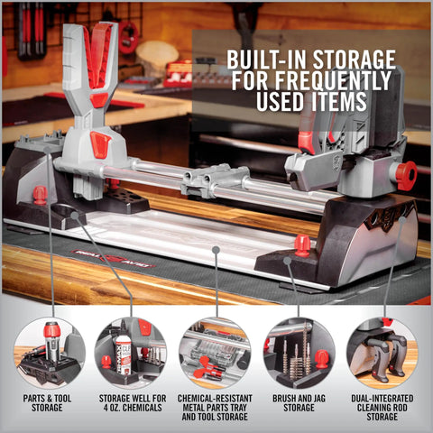 One-Hand Clamp Gun Workstation with non-marring yokes, leveling knob, storage for maintenance tools shown on table
