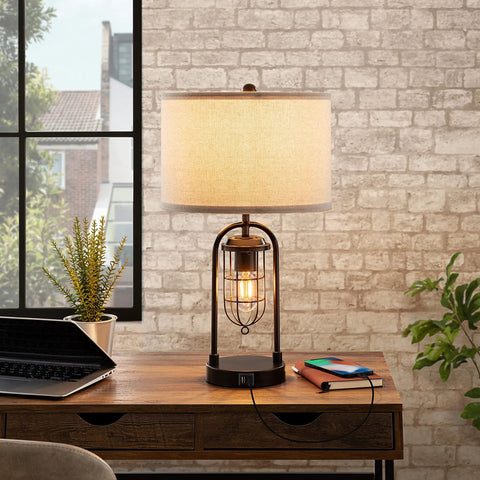 Farmhouse Table Lamps With USB Ports And AC Outlet 3 Way Dimmable Touch Control Nightstand Set With Bulbs Included on wooden desk