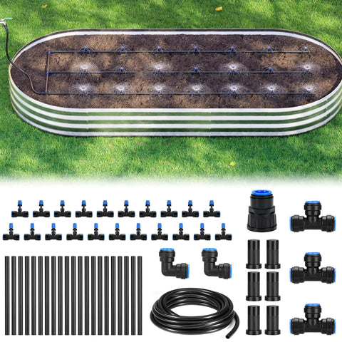 Raised Bed Drip Irrigation Kit For Flower Beds Up To 4x8 Feet DIY Garden Grid Watering System displayed with components and setup on lawn