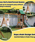 Tough As Nails Wood Backyard Swing Set With Wave Slide, Rock Wall, Belt Swings, Play Deck, Chalkboard, And Canopy Roof in use.