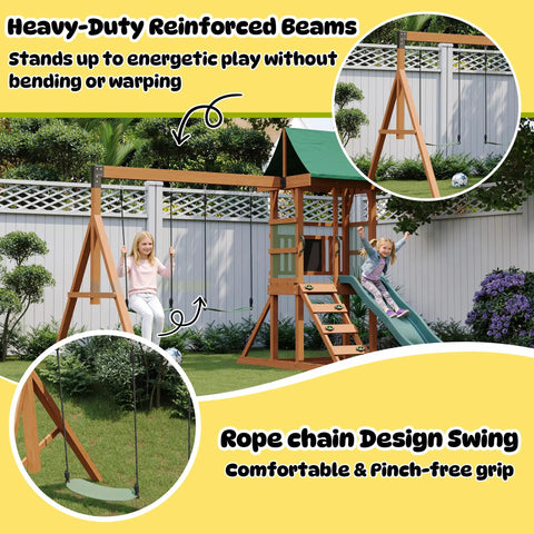 Tough As Nails Wood Backyard Swing Set With Wave Slide, Rock Wall, Belt Swings, Play Deck, Chalkboard, And Canopy Roof in use.