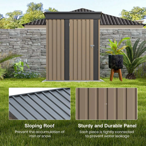 Spacious 5x3 Ft Outdoor Storage Shed with lockable door and sloping roof, shown in a garden with plants and a stone wall backdrop.