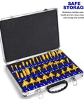 Premium Tungsten Carbide Router Bits Set 35 Piece Kit with aluminum carry case open showing bits and storage compartments.