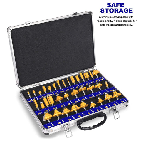 Premium Tungsten Carbide Router Bits Set 35 Piece Kit with aluminum carry case open showing bits and storage compartments.