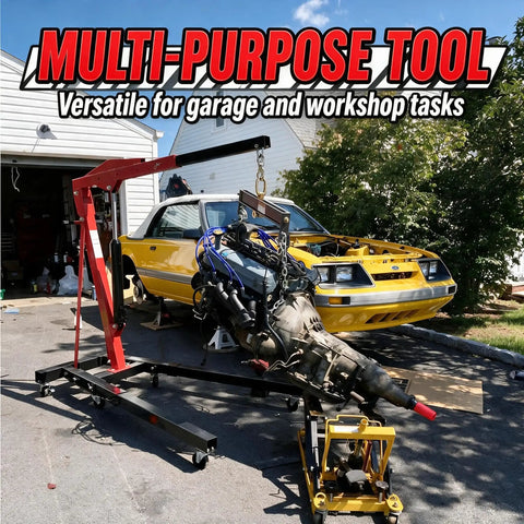 Top Shelf 2 Ton Hydraulic Engine Hoist Foldable Cherry Picker With Quad Position Telescopic Boom 4400 Lbs Capacity lifting engine in garage