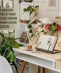 Oak Wood Book Stand With Adjustable Tilt For Reading And Cooking, Cookbook Holder displayed on desk with lamp and decor