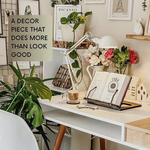 Oak Wood Book Stand With Adjustable Tilt For Reading And Cooking, Cookbook Holder displayed on desk with lamp and decor