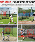 7x7 Ft Baseball And Softball Hitting And Pitching Net With Strike Zone Tee Ball Caddy And Durable 7 Ply Knotless Netting Heavy Duty Steel Base shown in sports practice settings
