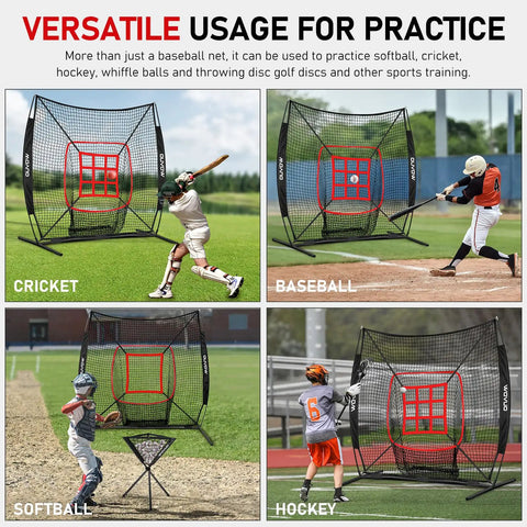 7x7 Ft Baseball And Softball Hitting And Pitching Net With Strike Zone Tee Ball Caddy And Durable 7 Ply Knotless Netting Heavy Duty Steel Base shown in sports practice settings