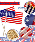 Overview of 12 Pcs 8x12 Inch American Flags On Wooden Sticks 17.5 Inch Tall Outdoor Handheld Flags Dual Sided Vivid Polyester