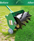 Rolling Lawn Aerator For Easy Lawn Care, Heavy Duty Push Spike Aerator Up To 55 Lbs, showing before and after lawn results