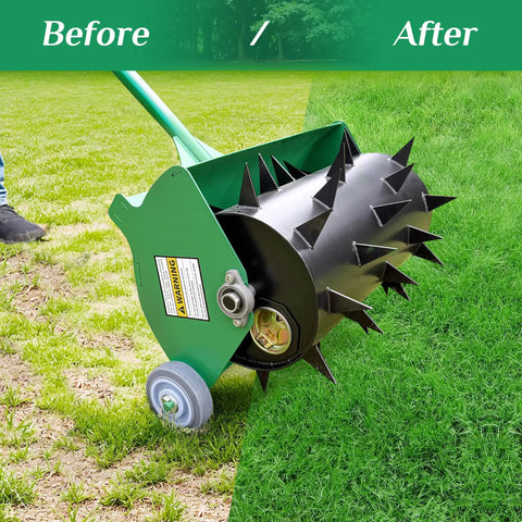 Rolling Lawn Aerator For Easy Lawn Care, Heavy Duty Push Spike Aerator Up To 55 Lbs, showing before and after lawn results