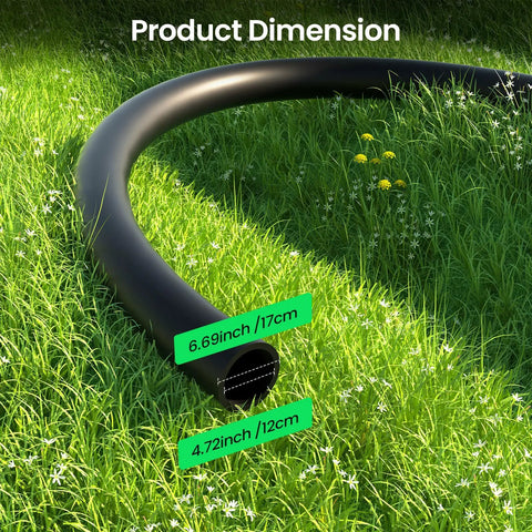Close-up of 50 Ft 1/2 Inch Drip Irrigation Tubing Kit With 4 Quick Connectors in grass, showing dimensions and thickness