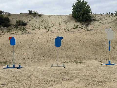 Outdoor shooting range with steel targets, using Gong Hook Mount Top Post For Hanging AR500 AR550 Target Plates With 1/2-Inch Holes