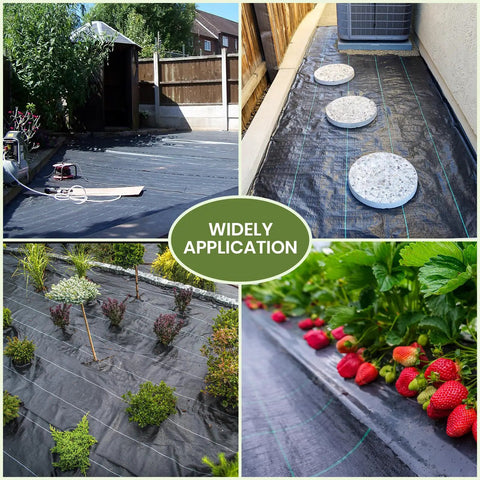 2 Pack 3x50 Ft Weed Barrier Landscape Fabric With 3 Oz Woven Geotextile And 30 U Shaped Pegs for garden paths and plant beds.