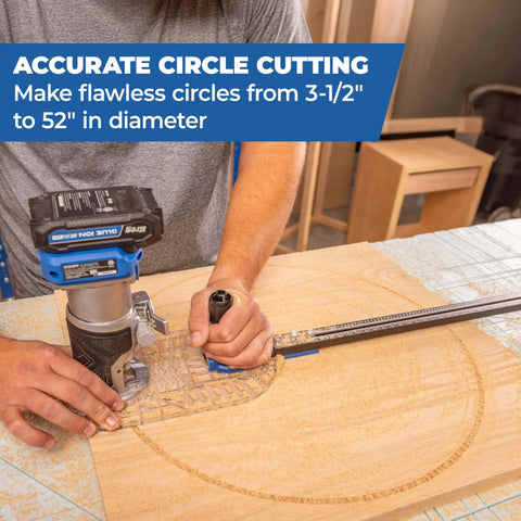 Circle Guide For Trim Routers With Easy One Hand Grip For Stable, Clean And Repeatable Circular Cuts From Three And A Half Inches To Fifty Two Inches Diameter in use