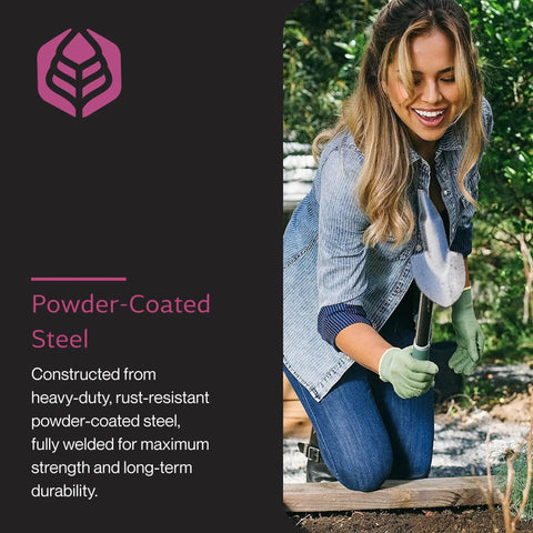 Woman using Dual-Head Garden Weeding Tool With Comfort Grip A Grab And Go Hand Tiller And Spade For Hard Soil Clay And Roots