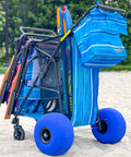 Heavy Duty Folding Beach Cart With Balloon Wheels 13 By 7 Inch Ocean Utility Holds Four Chairs Umbrella Holder Removable Beach Bag Blue
