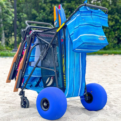 Heavy Duty Folding Beach Cart With Balloon Wheels 13 By 7 Inch Ocean Utility Holds Four Chairs Umbrella Holder Removable Beach Bag Blue