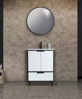 Heavy Duty 24 Inch Bathroom Vanity With Sink, Matte White Modern Cabinet with soft close doors and deep drawer in a modern setting.
