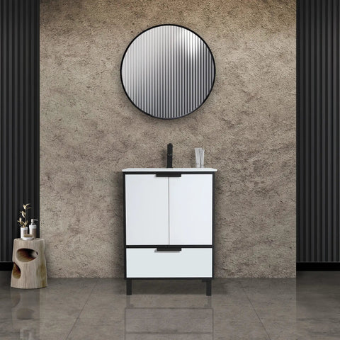 Heavy Duty 24 Inch Bathroom Vanity With Sink, Matte White Modern Cabinet with soft close doors and deep drawer in a modern setting.
