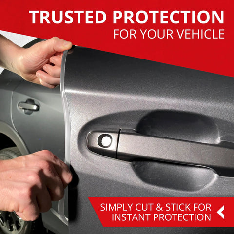 All-Fit automotive car door edge protector, clear 10 ft adhesive molding, installation on car door edge.