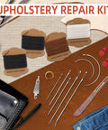 Top view of upholstery repair kit with four waxed thread rolls (black, brown, white) and seven heavy-duty hand needles.