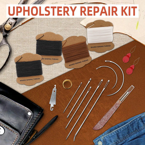 Top view of upholstery repair kit with four waxed thread rolls (black, brown, white) and seven heavy-duty hand needles.