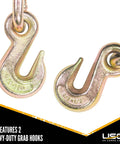 Image of two heavy-duty grab hooks for 3/8 to 1/2 inch Grade 70 chain with "US Cargo Control" branding