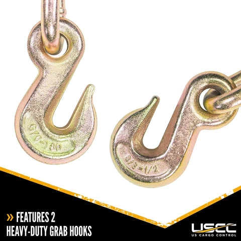 Image of two heavy-duty grab hooks for 3/8 to 1/2 inch Grade 70 chain with "US Cargo Control" branding