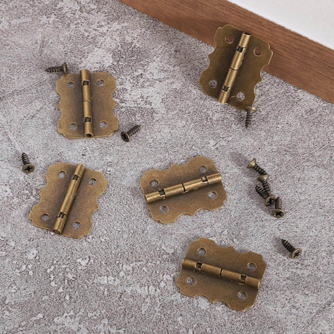 Bronze Antique Mini Hinges For Wooden Boxes 30 Piece Set With Screws 25x20mm Tiny Folding Butt Hinges assorted on surface