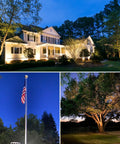 40W LED Outdoor Spotlight Plug In 120V 4000LM Warm White 3000K Landscape Lighting illuminating house, flagpole, and tree