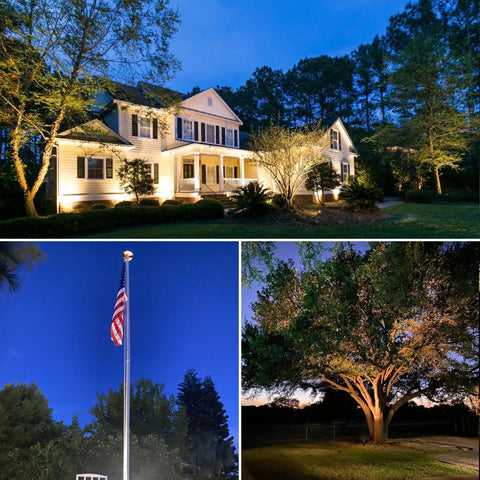 40W LED Outdoor Spotlight Plug In 120V 4000LM Warm White 3000K Landscape Lighting illuminating house, flagpole, and tree