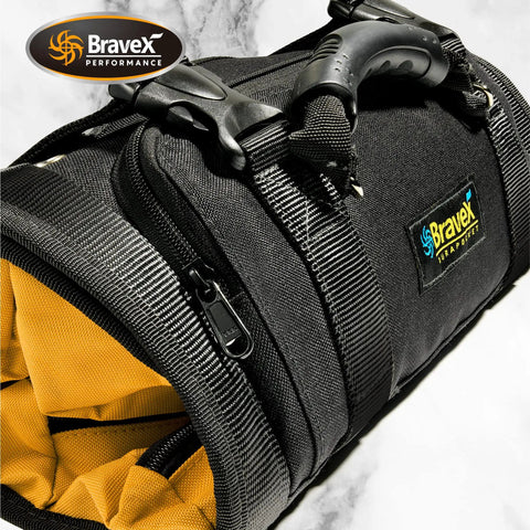 Close-up of a Heavy Duty Roll Up Tool Bag With Kevlar Stitches And YKK Zipper, 1200D Ballistic Nylon Tool Roll Organizer in black and yellow