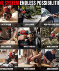 Collage of All-In-One Workhorse 20V Max Brushless Cordless Power Tool Combo Kit With 9-In-1 Attachments in use: saws, blower, and wrench.