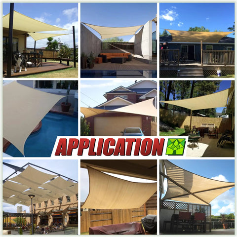 Collage of Beige 12x12 Sun Shade Sail Square Canopy With UPF50 UV Block installed in various outdoor settings.
