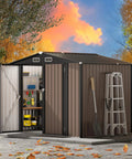 Rugged Metal Storage Shed With Sloping Roof For Backyard And Patio, Outdoor Steel Utility And Tool Shed with open doors and tools