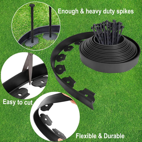 Heavy Duty 22 Foot No Dig Landscape Edging Kit With 20 Anchoring Spikes 2 Inch Tall Black HDPE Border For Garden Lawn Flower Beds