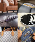 Various uses of Heavy Duty Sewing Needles Set With Waxed Thread Spools on upholstery, leather, canvas, shoes, and clothes.