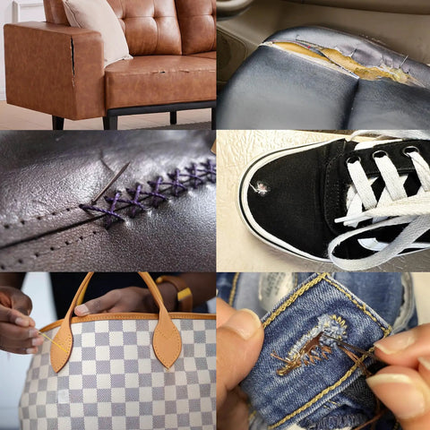 Various uses of Heavy Duty Sewing Needles Set With Waxed Thread Spools on upholstery, leather, canvas, shoes, and clothes.