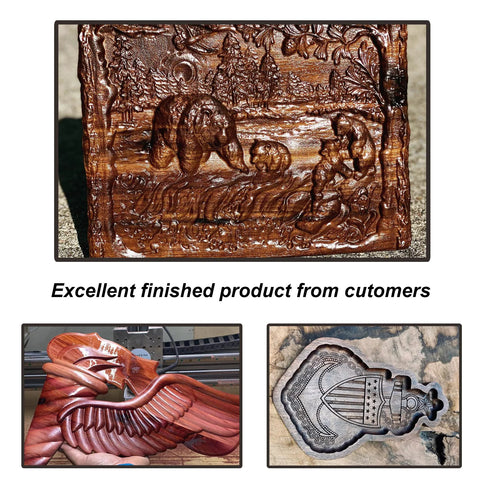 SpeTool 5Pcs tapered ball nose end mill set, 1/8 in shank, 0.25 mm radius; three wood carving samples shown